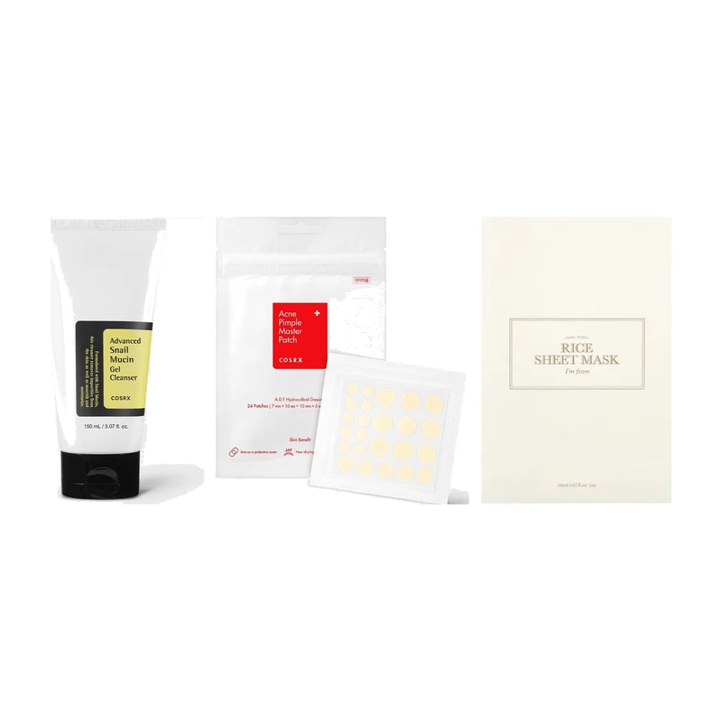 Korean Clear-Skin Starter Kit (COSRX Gel Cleanser + Pimple Patches + Rice Mask)